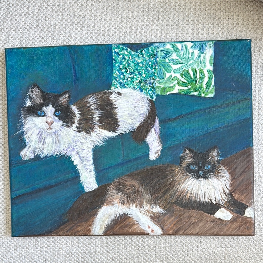 Cat Painting with Blue and Green Accents